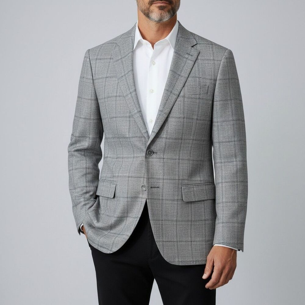 TOMMY HILFIGER Mens Blazer Sport Coat 2-Button Suit Jacket 46R Gray Plaid